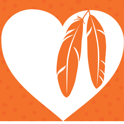 Un c&oelig;ur blanc sur fond orange encadre deux plumes orange.